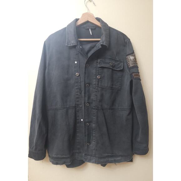 Free People Embellished Black Military Utilitarian Shirt Jacket Eagle Size M - Picture 8 of 15